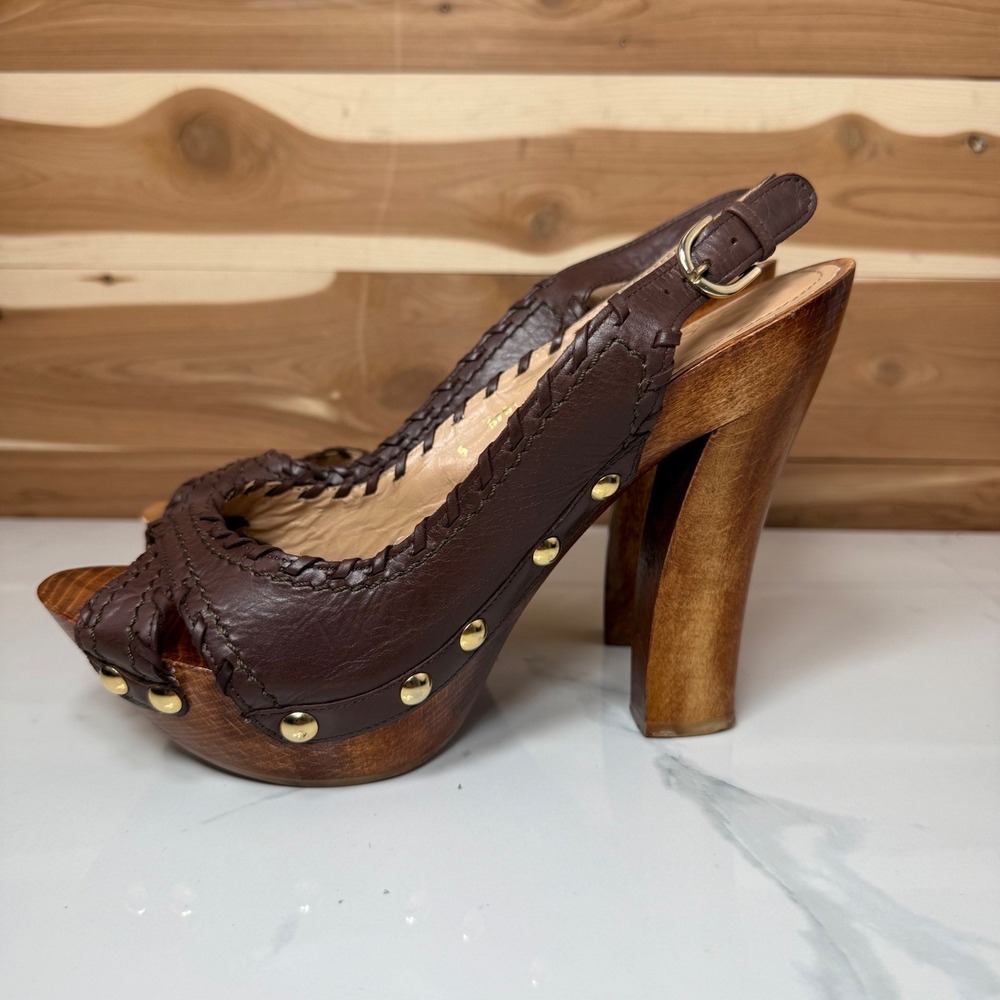 Dione Chuncky Wooden Heel Platform Sandals Leather Straps Brown Size 7.5 - Picture 2 of 13
